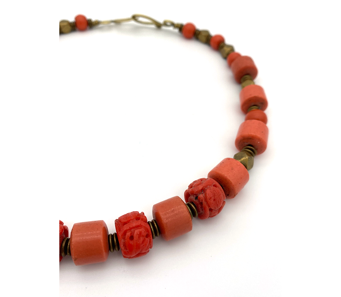 Danielle Carbone Coral and Glass Beads with Brass Necklace